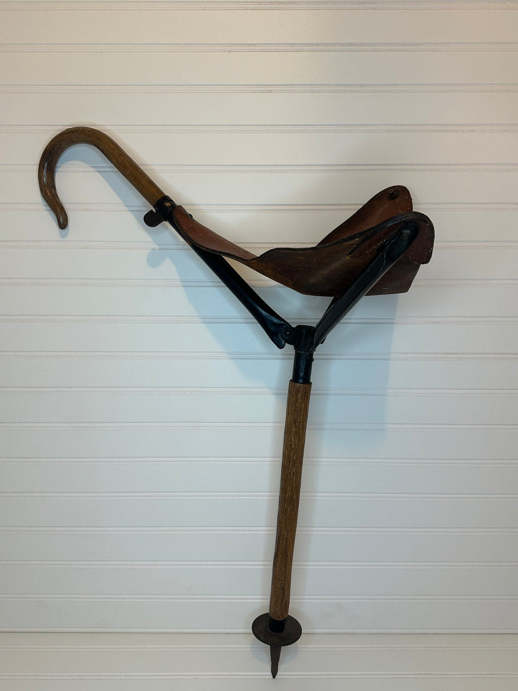 Antique Grundig, Stahl Rohr Sitzstock Walking Cane/ Shooting Stick with Leather Seat