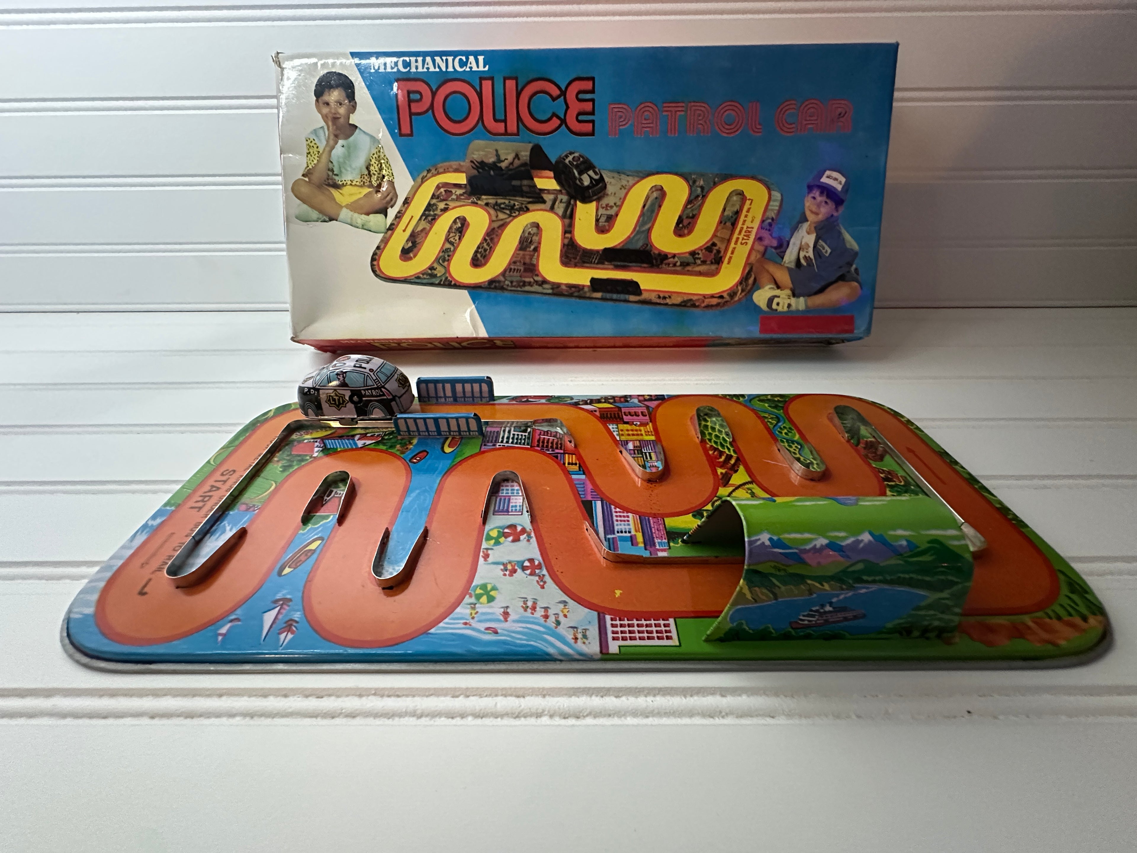 Mechanical Police Patrol Car Vintage Tin Toy