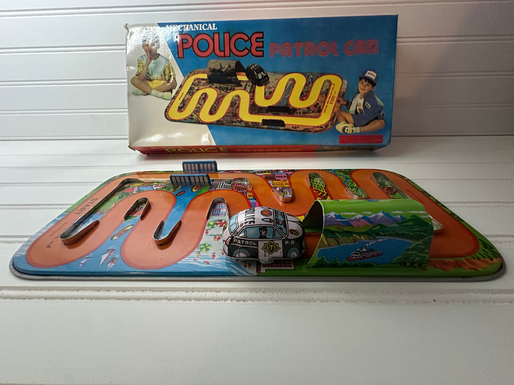 Mechanical Police Patrol Car Vintage Tin Toy