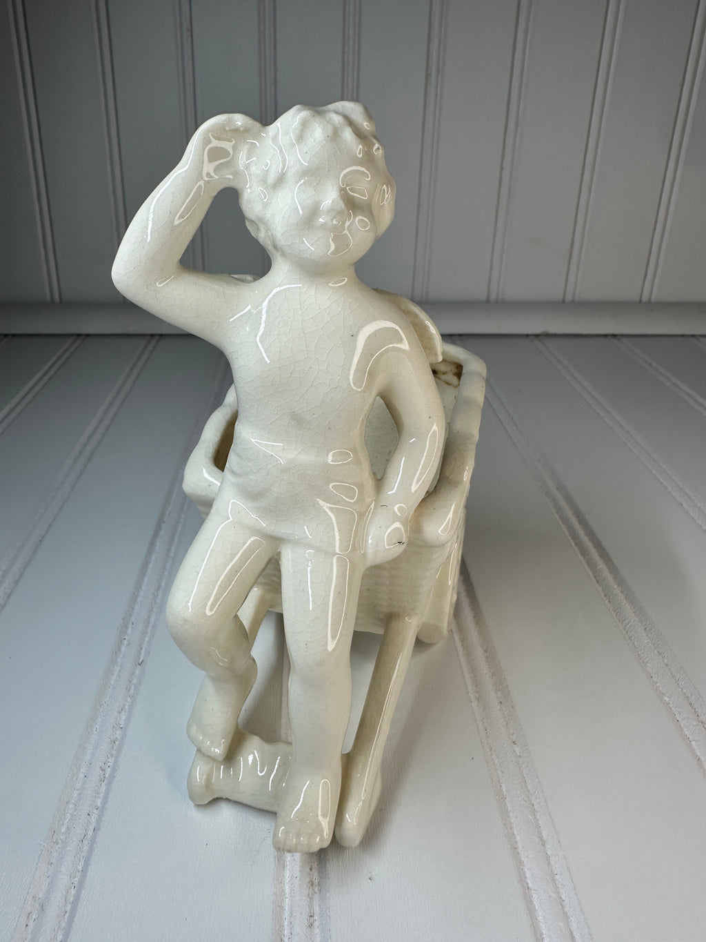 Vintage Crackle Ceramic Cherub Planter, Japan