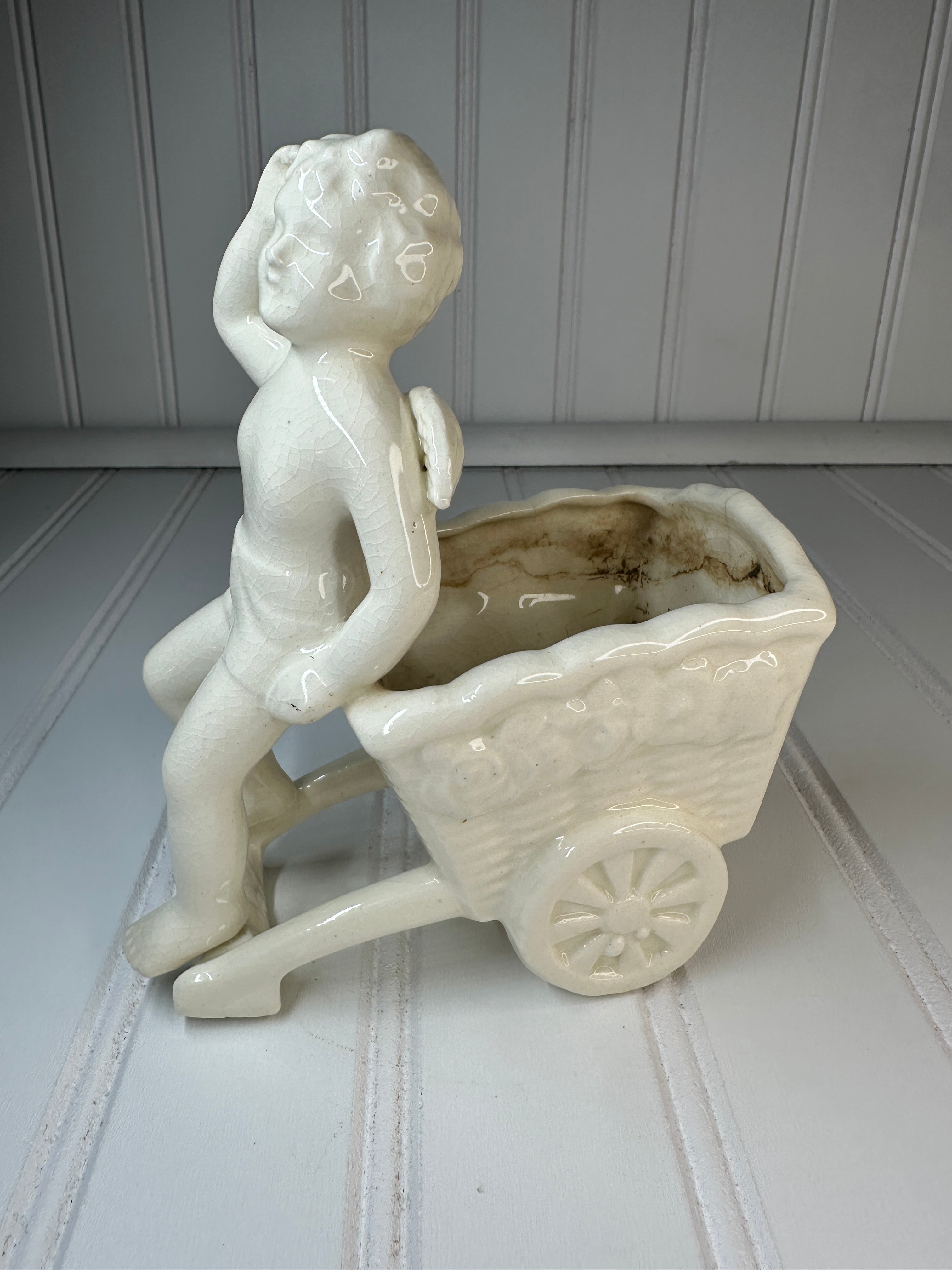 Vintage Crackle Ceramic Cherub Planter, Japan