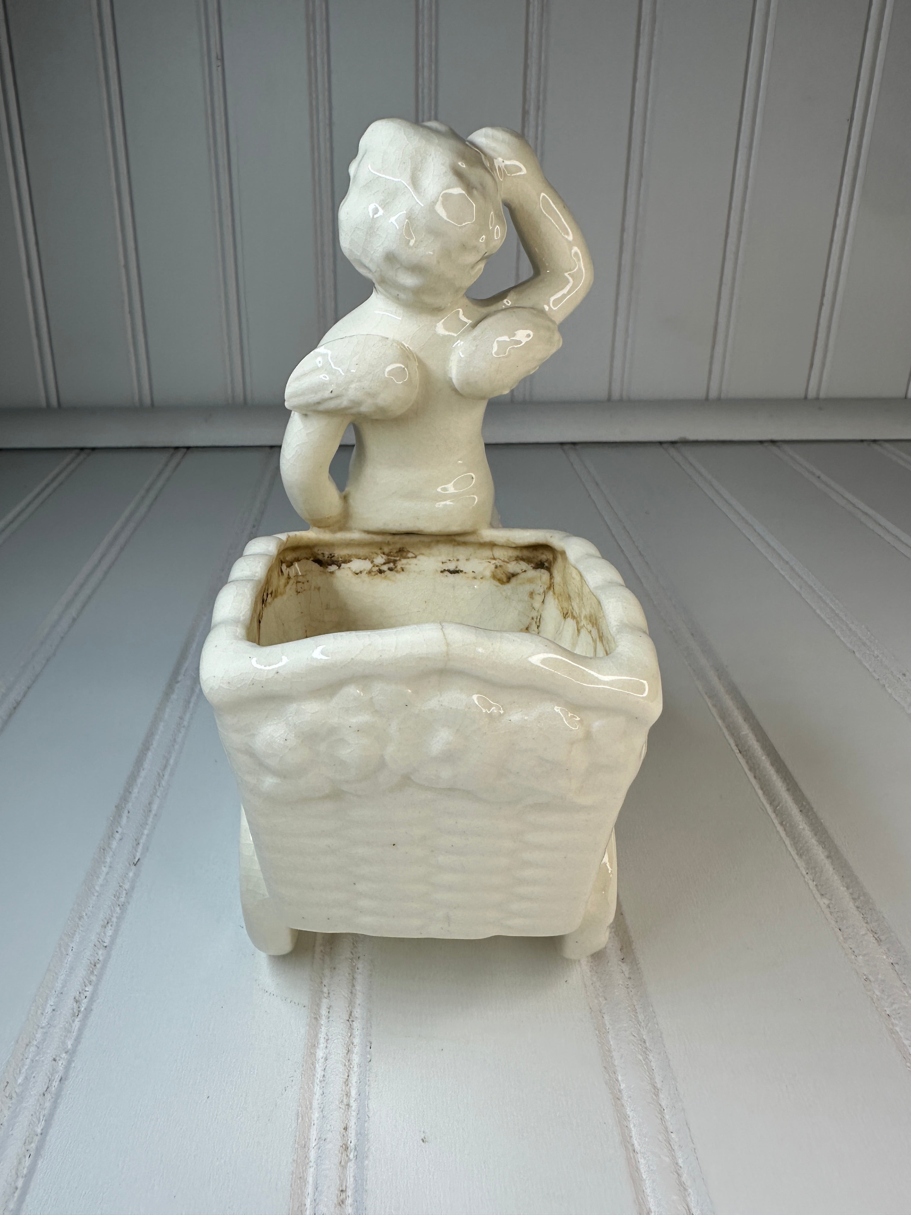 Vintage Crackle Ceramic Cherub Planter, Japan