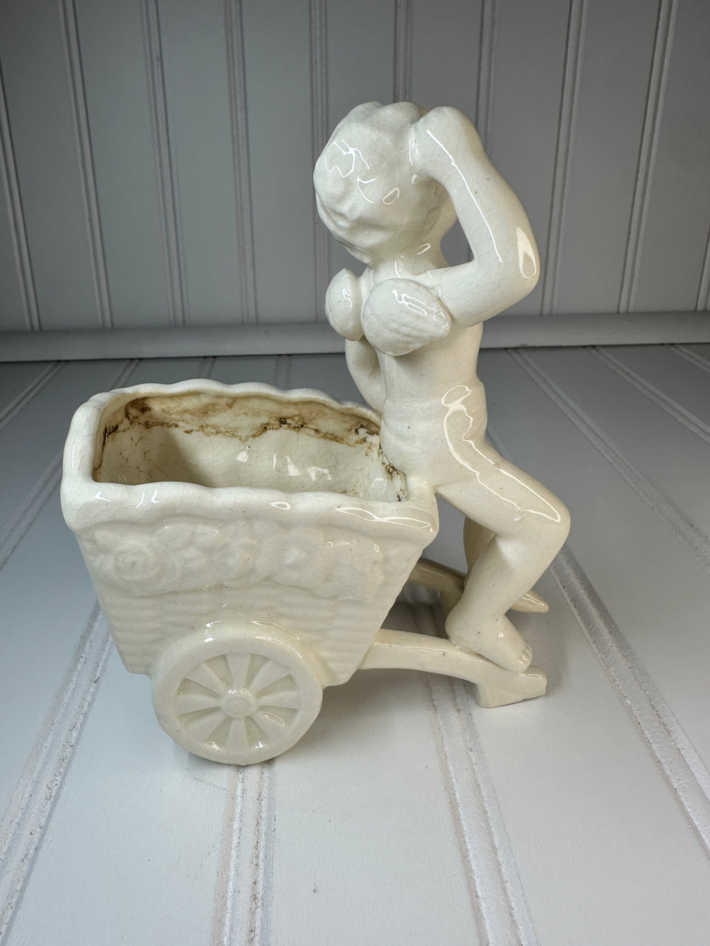 Vintage Crackle Ceramic Cherub Planter, Japan
