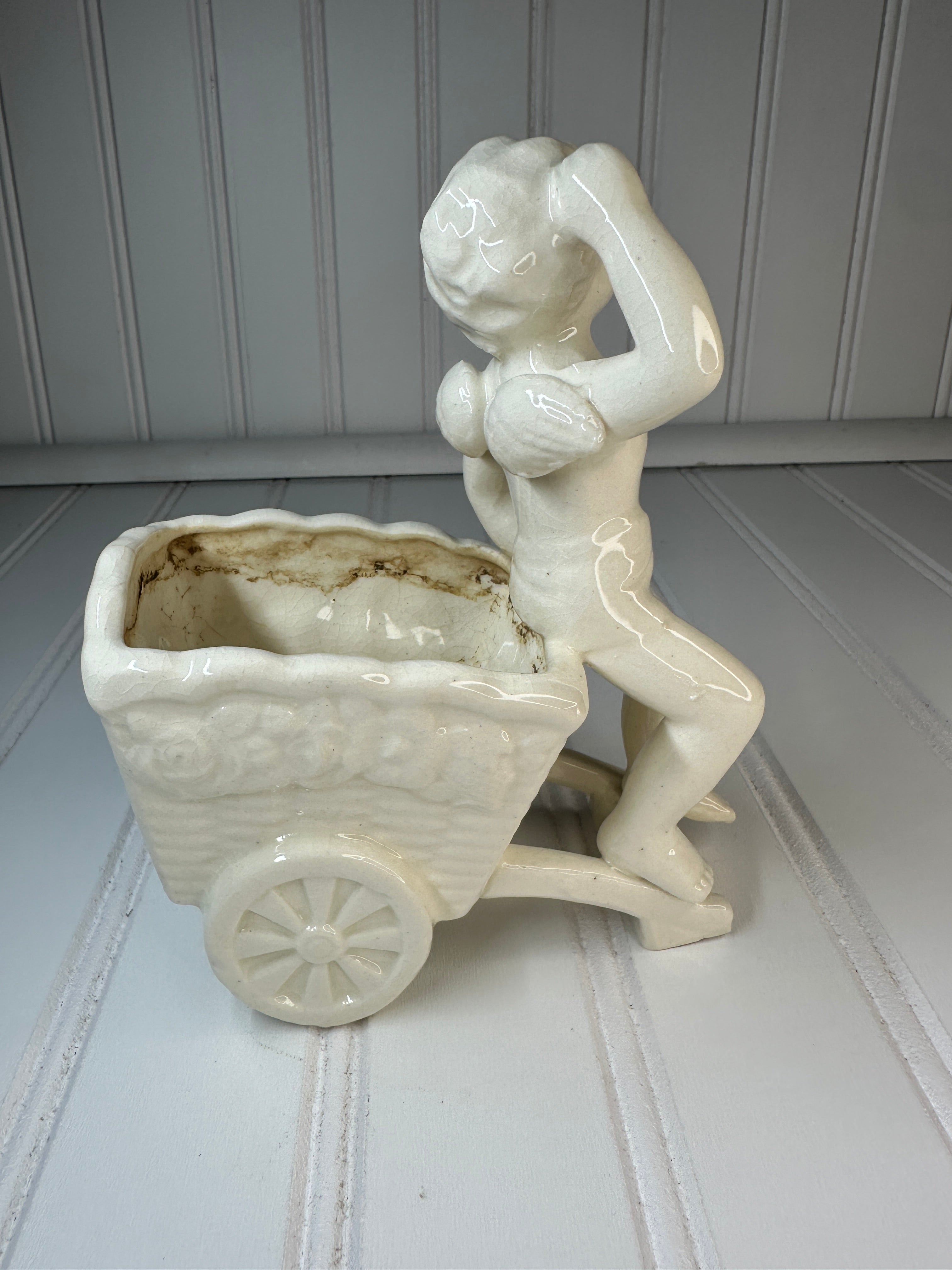 Vintage Crackle Ceramic Cherub Planter, Japan