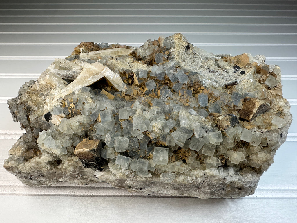 Blue Cube Fluorite Crystals with Calcite