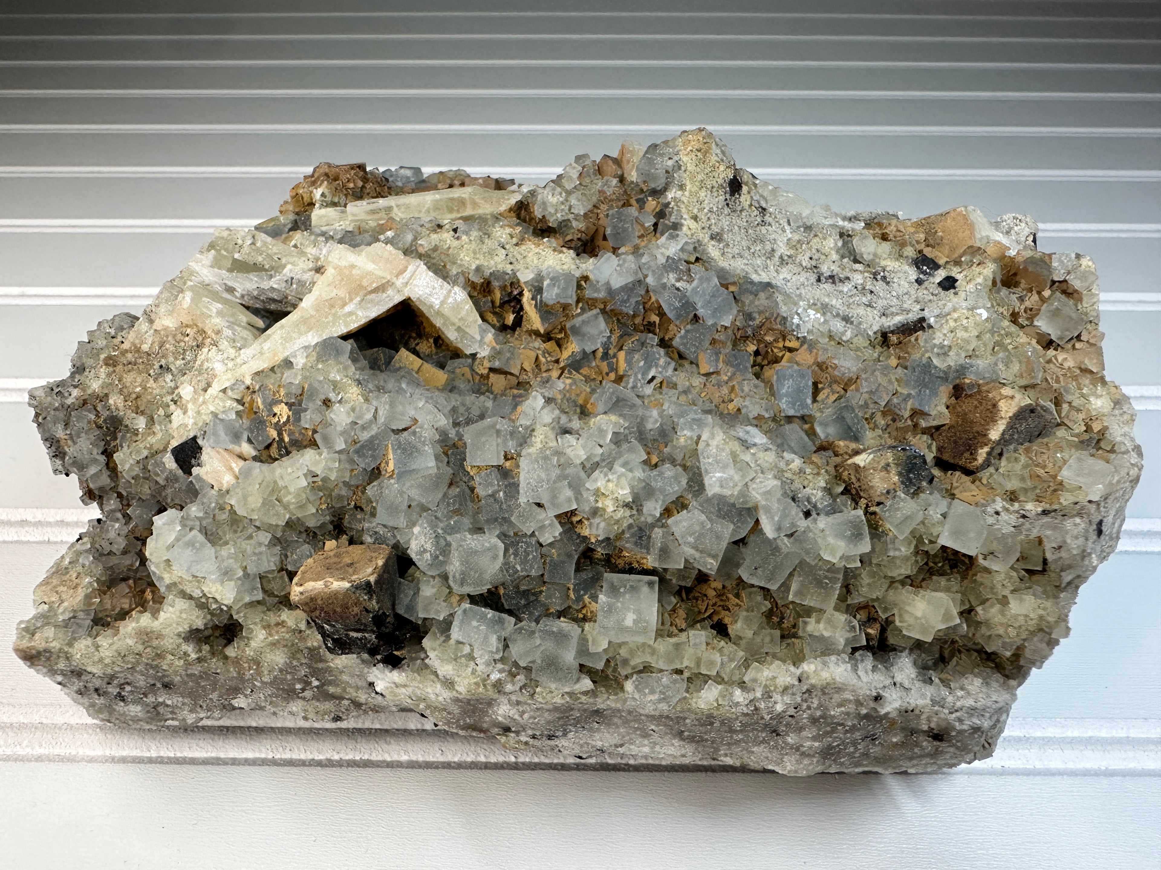 Blue Cube Fluorite Crystals with Calcite
