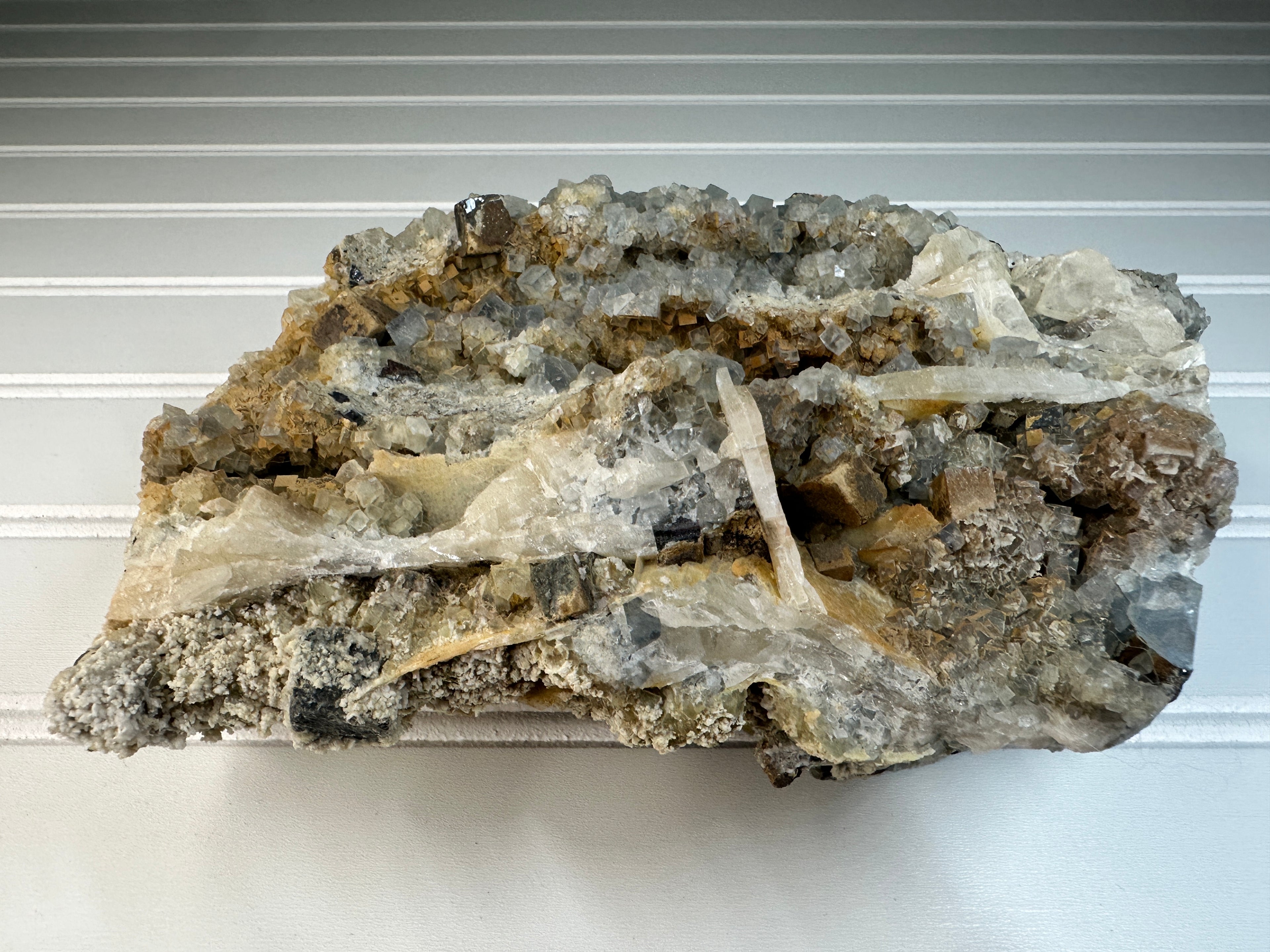 Blue Cube Fluorite Crystals with Calcite