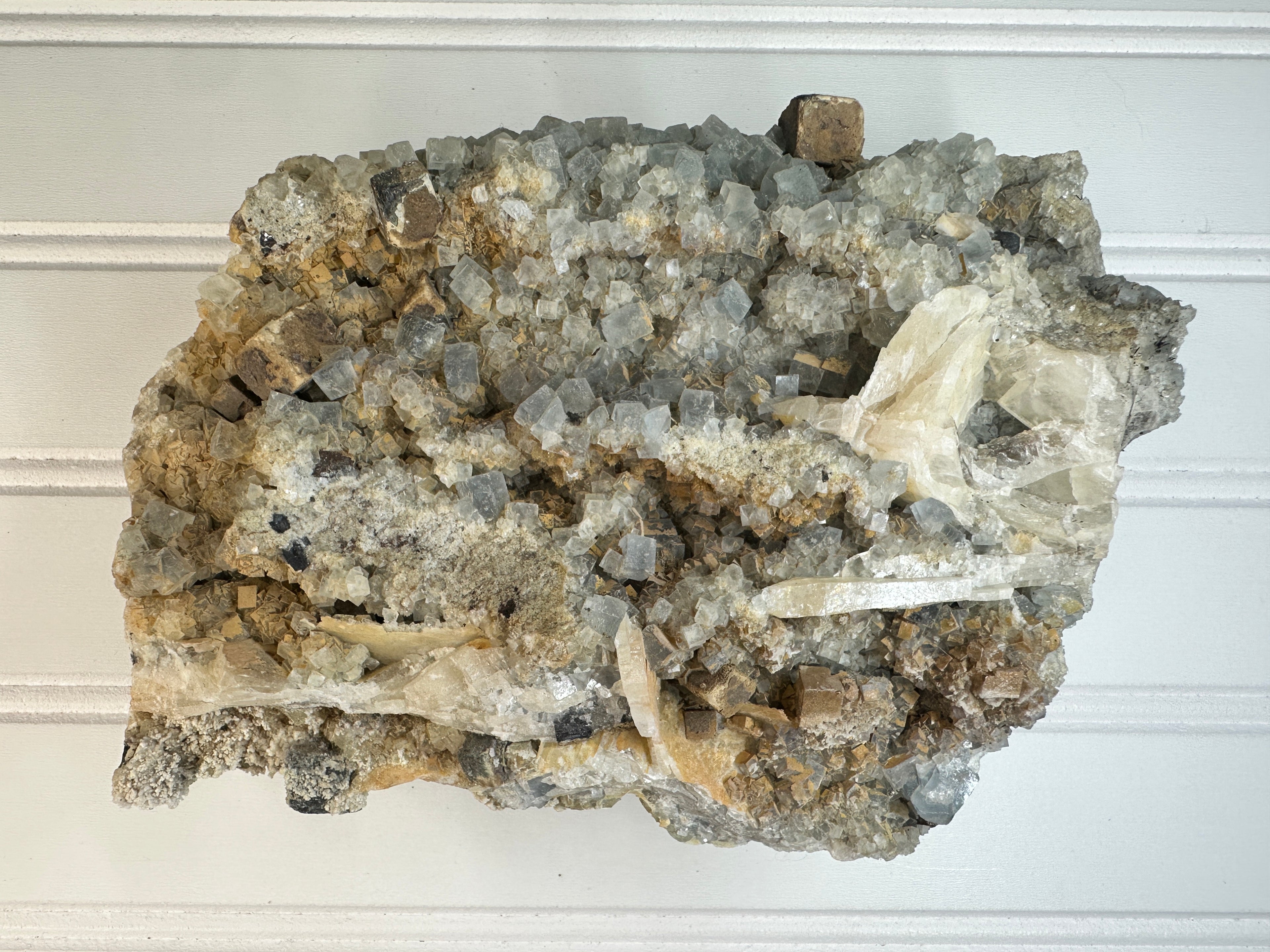Blue Cube Fluorite Crystals with Calcite
