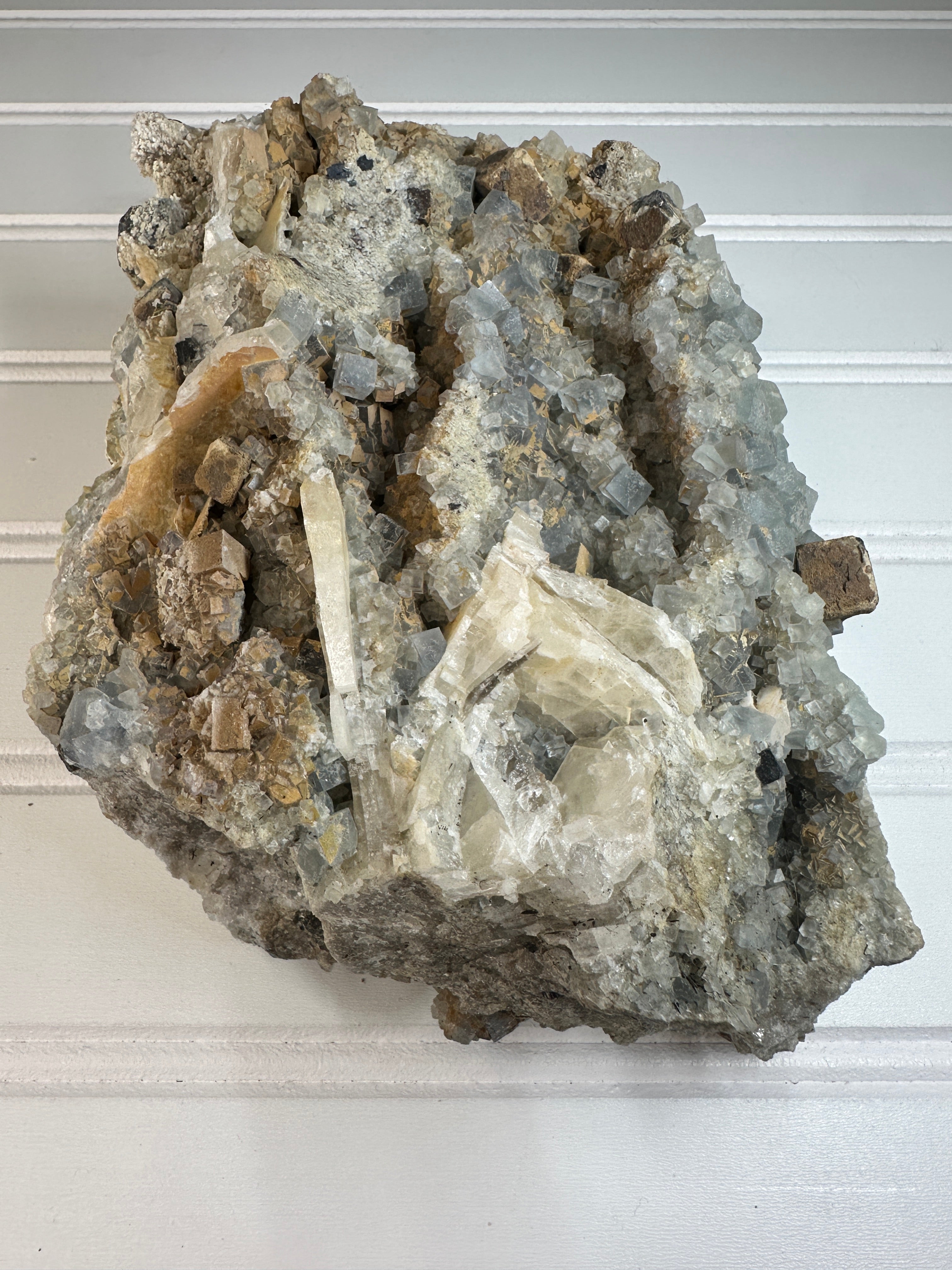 Blue Cube Fluorite Crystals with Calcite