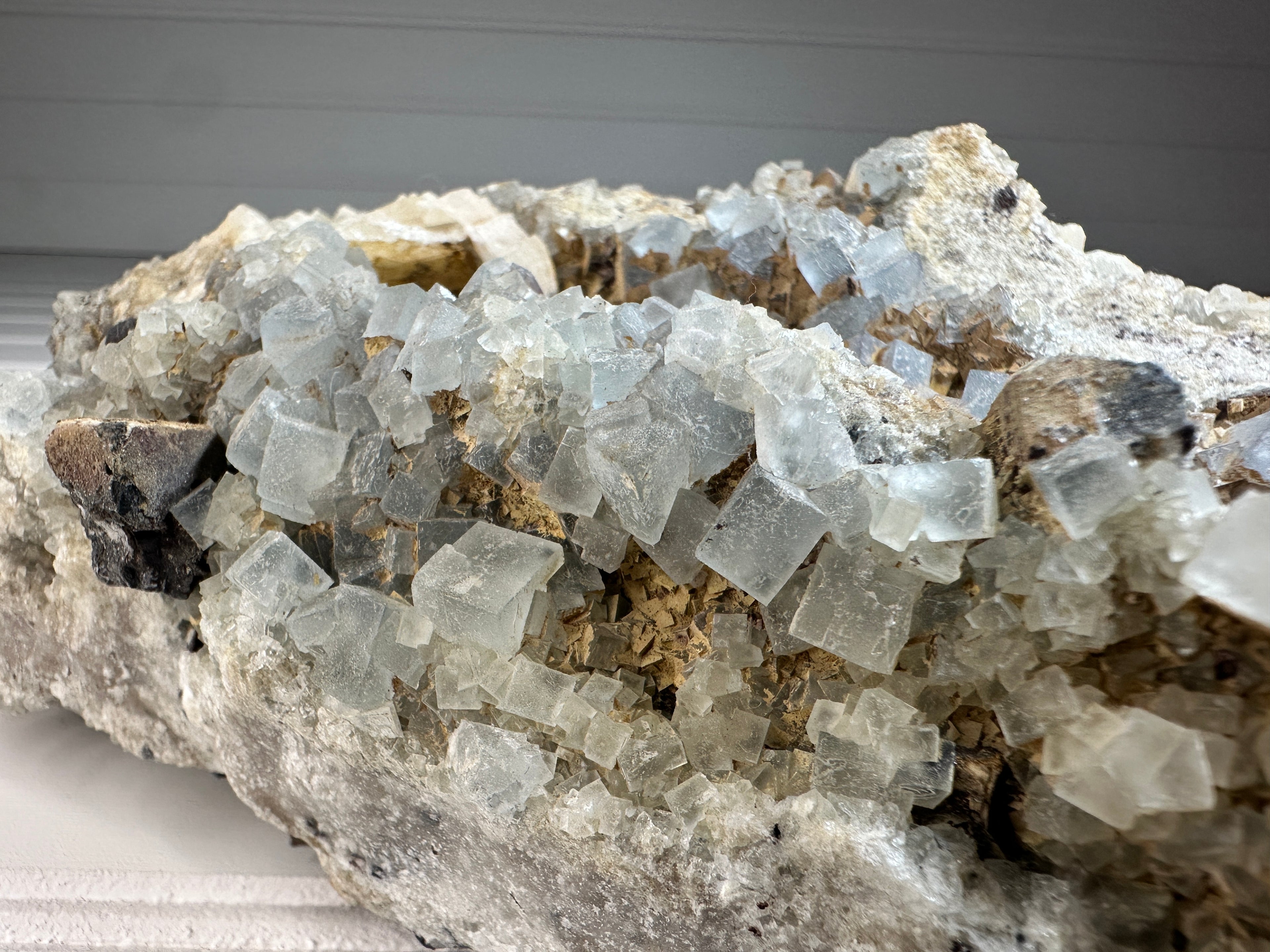 Blue Cube Fluorite Crystals with Calcite