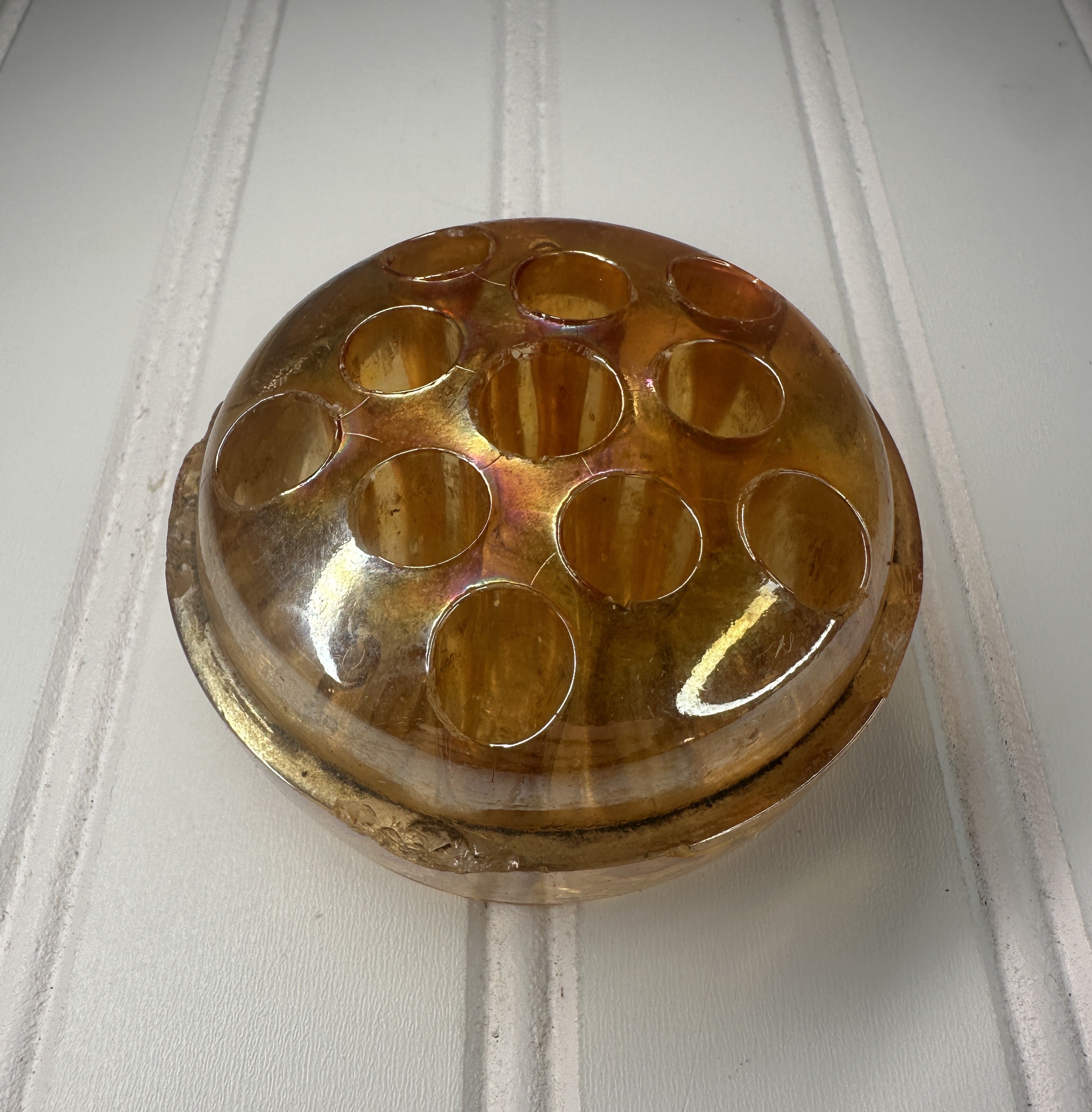 Flower Frog - Carnival Glass Iridescent Marigold
