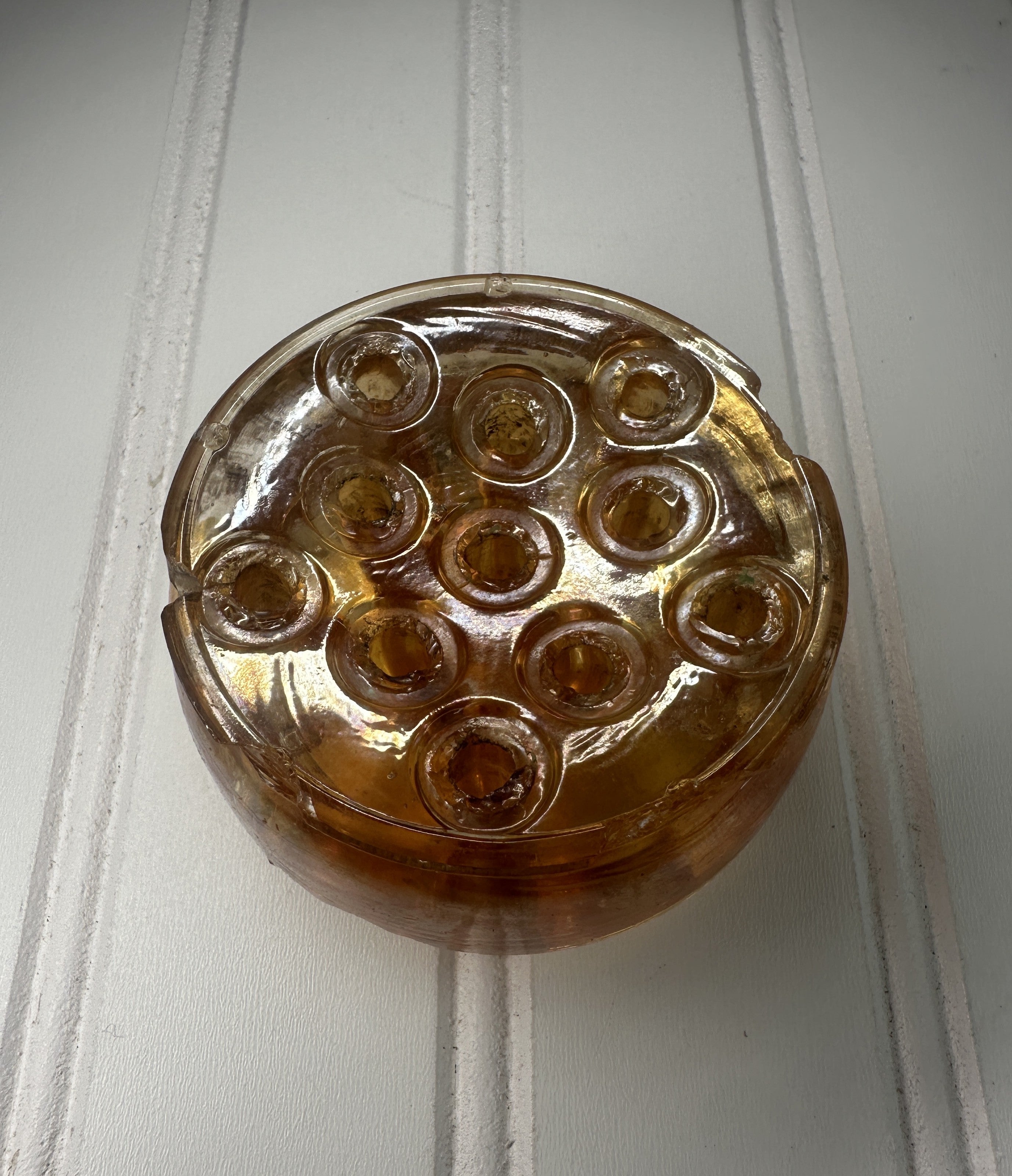 Flower Frog - Carnival Glass Iridescent Marigold